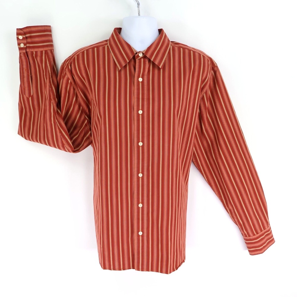 Eddie Bauer Dress Shirt Mens Sz‎ 18 (XL) Orange Striped 100% Cotton Point Collar